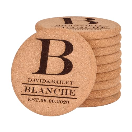 Personalized Cork Coasters for Drinks, Custom Engraved Absorbent Heat & Water Resistant Coasters for Cups and Mugs (B)