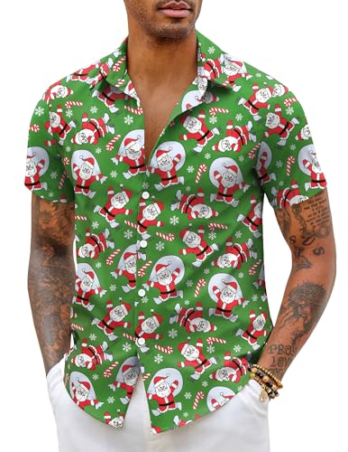 COOFANDY Weihnachtshemd Herren Weihnachten Hemd Weihnachtsshirt Kurzarm Christmas Hemd Xmas Shirt Weihnachts Freizeithemd Funky Christmas Print Christmas Freizeithemd Grün XL