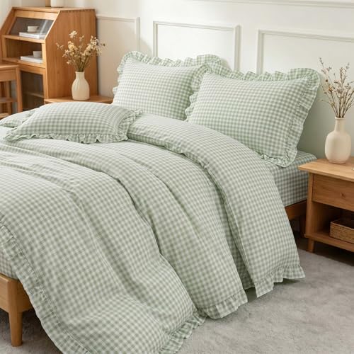 Image of Nayoroom Gingham Duvet Cover Queen Size Green Ruffle Plaid Checkered Duvet Cover 3 Pieces Soft Washed Microfiber Vintage Farmhouse Dorm Bedding Set Gifts for Women Men