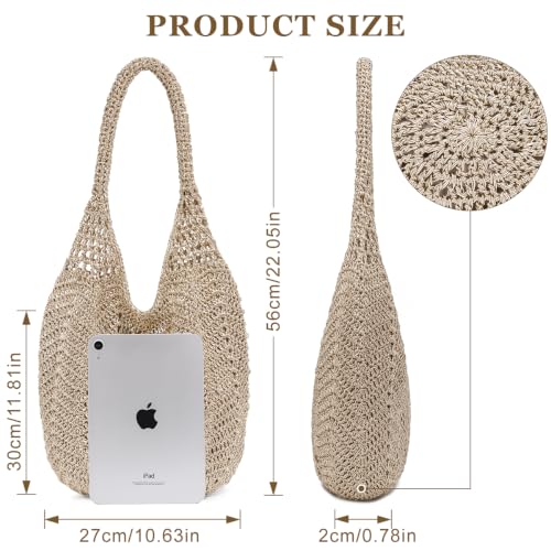 Image of Boho Crochet Shoulder Bag for Women, Colorful Beaded Beach Tote Handbag Lightweight Summer Knit Hobo Purse &Travel Organizer