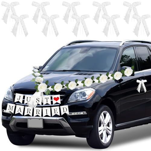 Voiture de Mariage de Ruban GIOVARA Kit Décoration Voiture Mariage pour couple de mariés avec 11 ventouses extra puissantes, fleurs avec ventouse,...