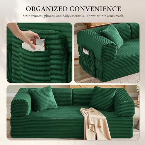 Image of Boneless Couch Futon Sofa Bed Sectional Couches for Living Room,Cloud Couch with Sleeper Sofa,Sofas for Living Room Oversized Corduroy Upholstered (Green, 81 Inches (with Iron Frame))