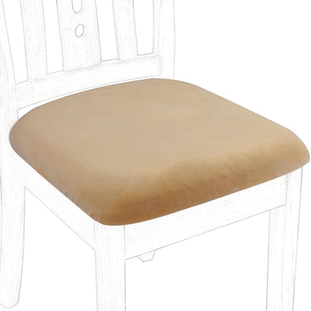 PiccoCasa Dining Chair Seat Covers Set of 6, Velvet Chair Seat Cover with Ties for Dining Room - Stretch Dining Chair Covers for Wedding Hotel, Removable Washable Beige Chair Covers