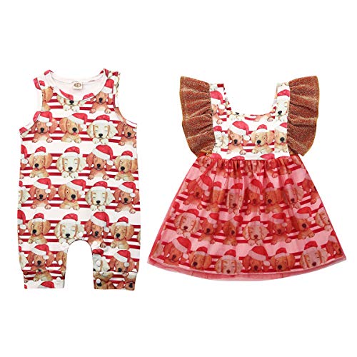Preisvergleich Produktbild FeMereina Bruder Schwester Neugeborene Zwillinge passenden Outfit - Erstes Weihnachtsmütze Welpen Muster Baby Strampler Bodysuit Kleid 0-18 Monate (Kleid, 80 / 3-6 Monate)