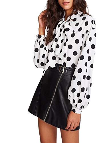 Floerns Women's Bow Tied Neck Lantern Long Sleeve Polka Dot Blouse White XL