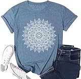Spiritual Shirts for Women Retro Lotus Flower Graphic Print Nature T Shirt Summer Casual Short Sleeve Crew Neck Outdoor Workout Athletic Tee Tops(Blue M)