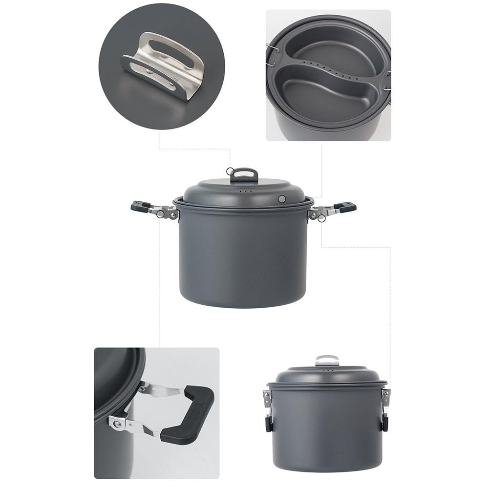 Składany zestaw garnków do gotowania na parze 6,5 l, na kemping i piknik, twarde anodowane aluminium + stal nierdzewna, lekki 882 g, kompatybilny z większością pieców kempingowych