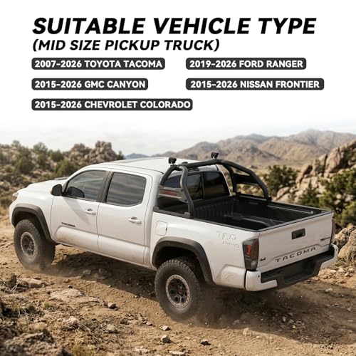 Image of Truck Bed Roll Bar Heavy Duty No-Drill Chase Rack Universal for Mid Size Pickup Tacoma Ranger Colorado Canyon Frontier, Multifunctional Cargo Protection Sport Bar with Light Mount Slots