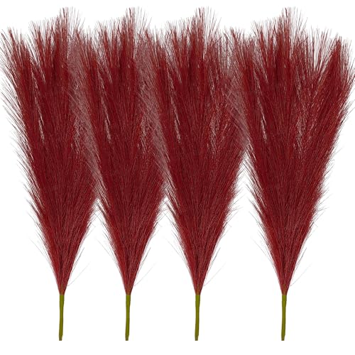 Image of Pack of 4 Pcs Artificial Flowers Faux Pampas Grass Small Fake Flower Plant for Home Decor, Office, Bedroom, Living Room, Table Decoration, Dried Plants (Without Vase Pot) (Maroon)