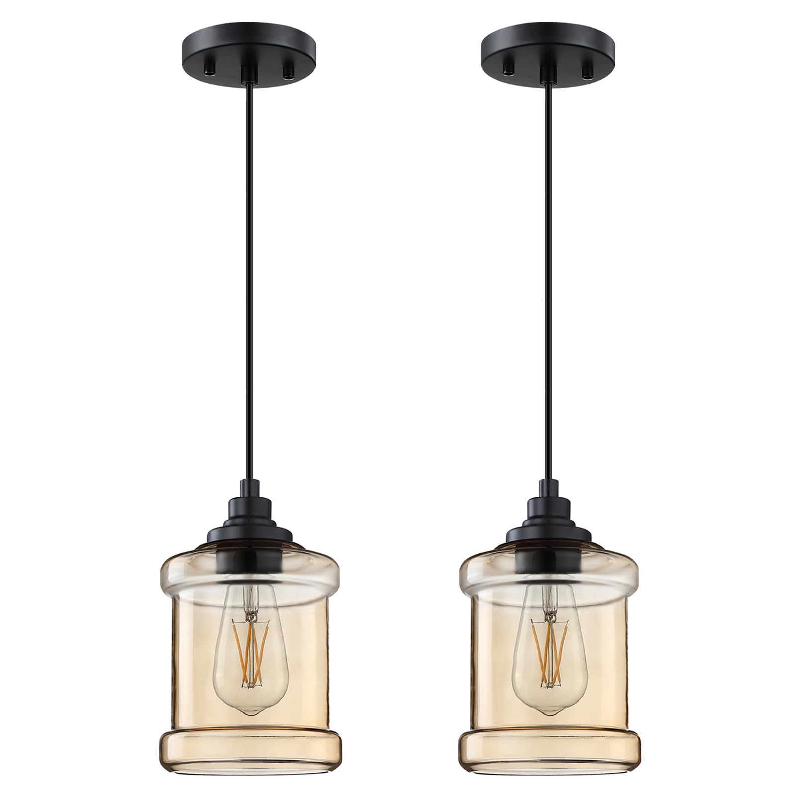 Photo 1 of 2 Pack 1 Light Hanging Indoor Kitchen Island Pendant Lights 5.3" Amber Glass Pendant Ceiling Light Fixtures Black Finish Modern Farmhouse Dinning Over Sink Q11