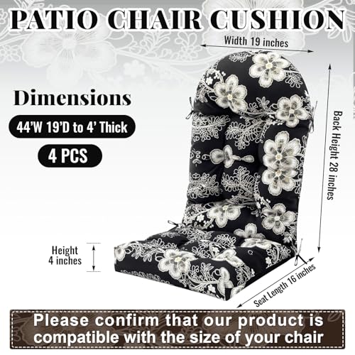 Image of Geelin 4 Pcs Outdoor Patio Chair Cushion Thick High Back Adirondack Chair Cushion Tufted Weather & Fade Resistant Anti-Slip Outside Rocking Chairs Pads with Ties 44 x 19 x 4 Inch (Onyx Ivory Bloom)