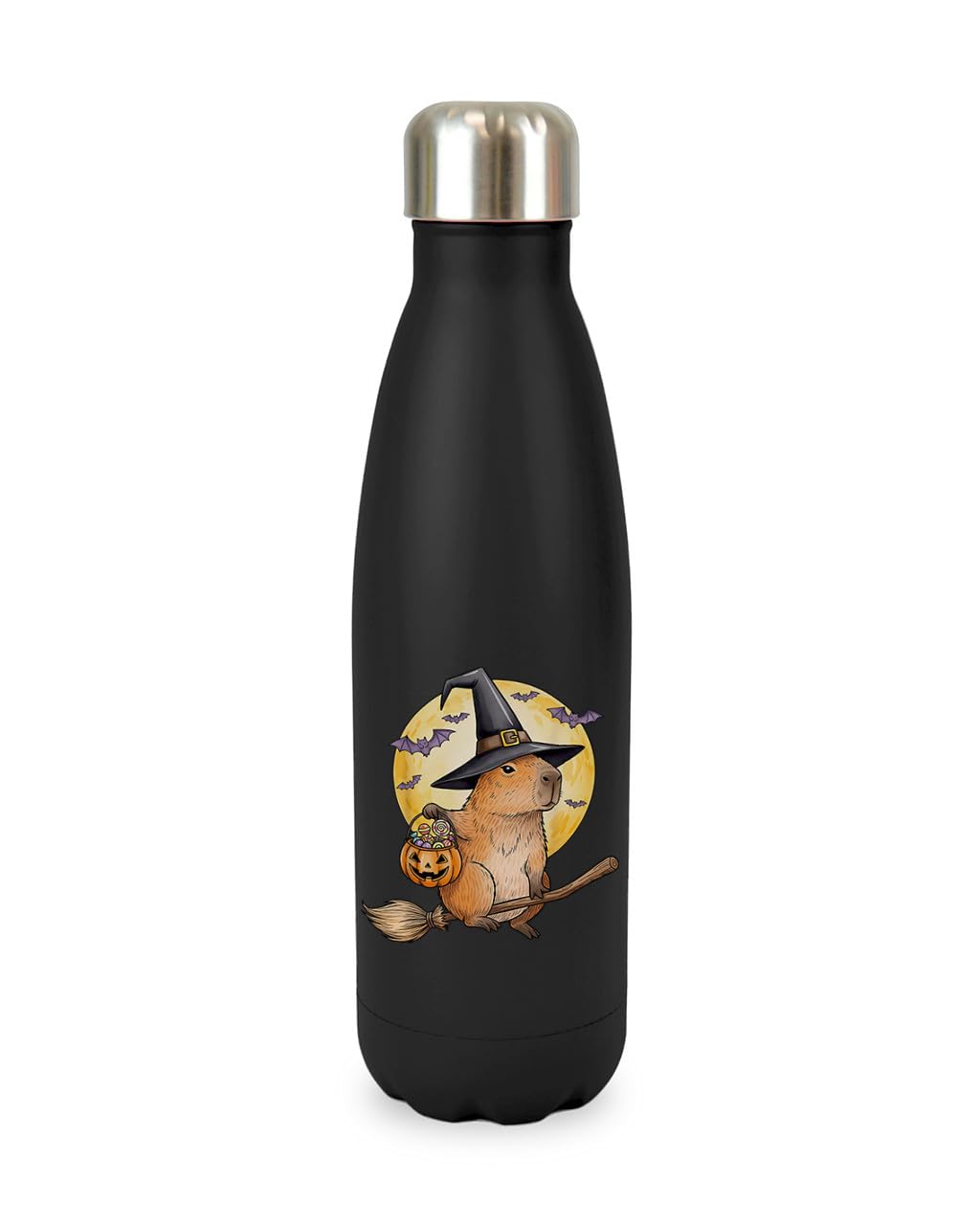 Capybara witch broom halloween cat autumn silly weird animal humerous spooky, iconic trendy cool screw top lid stainless steel water bottle drinks cup water bottle refill cute fun explore travel