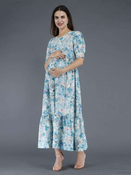 Image of Womens Rayon Fabric Printed Long Anarkali Maternity Feeding Dress with Side Zippers