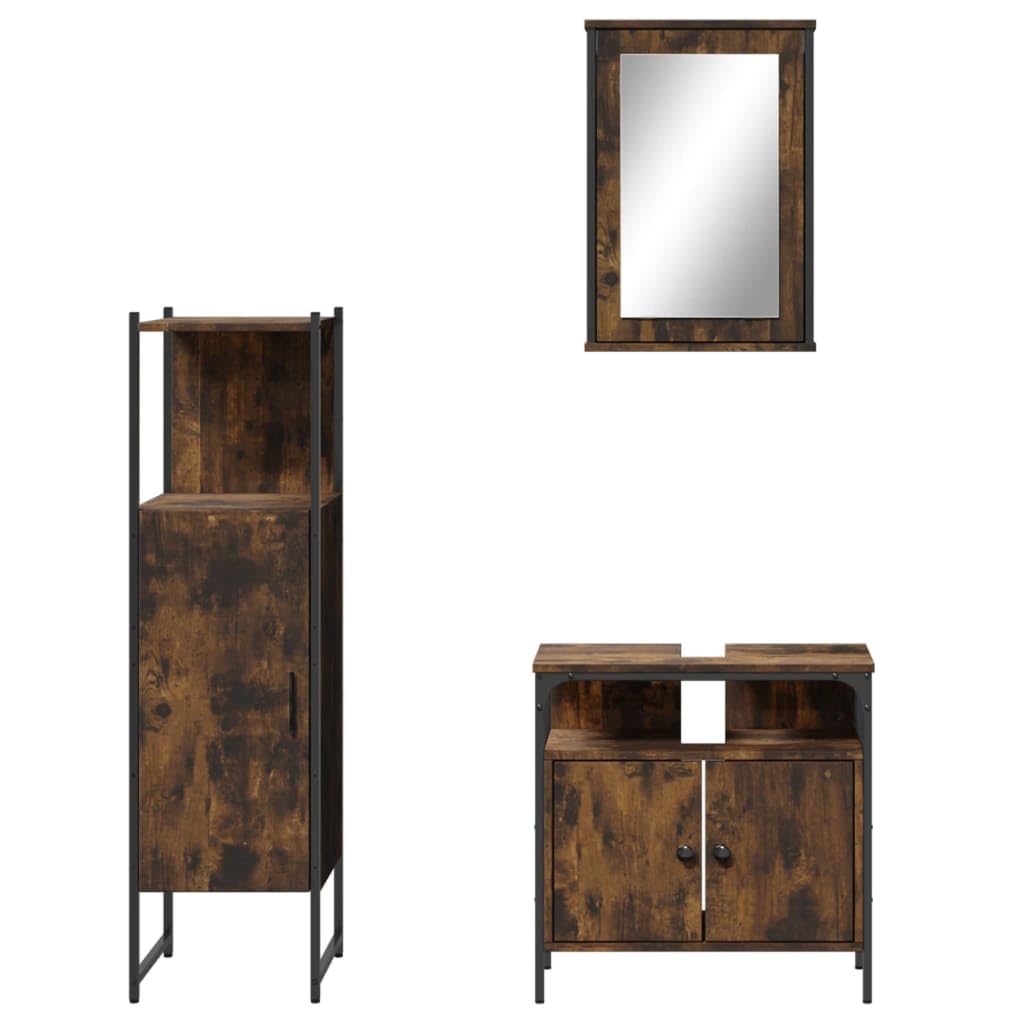 Set di 3 mobili da bagno con armadietto a specchio, effetto rovere