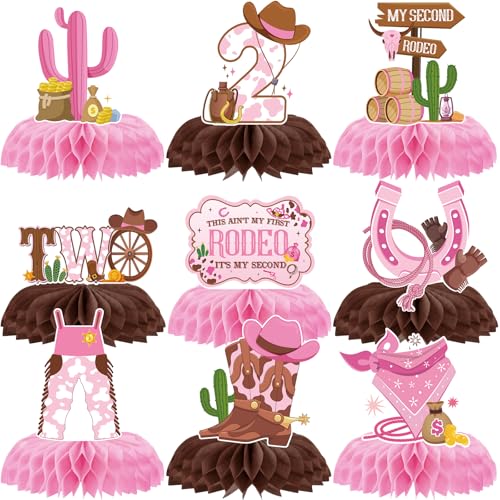 Image of This Ain't My First Rodeos It's Second 2nd Birthday Decorations | 9 Pcs Cowgirl Honeycomb Centerpieces Pink Western Two Years Old Party Supplies for Girl Photo Backdrop Table Decor
