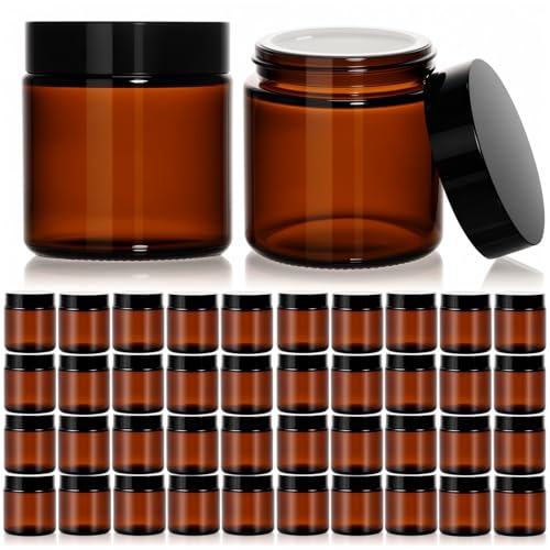 40 Pack 4 oz Amber Glass Jars with Lids – Small Cosmetic Containers with Inner Liners – Reusable Airtight Jars for Lotion, Cream, Bath Salts, Essential Oils