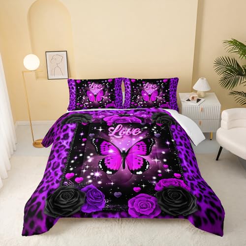 Image of QOOMO 3Pcs Leopard Print Comforter Set Queen Size,Cartoon Butterfly Bedding Set for Teens Boys Girls,Purple Comforter with 2 Pillowcases,Soft and Lightweight