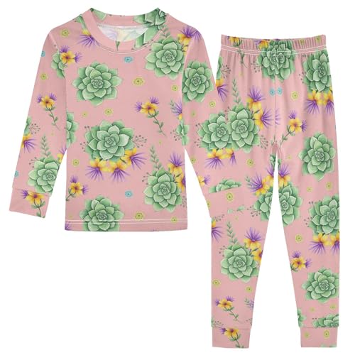 Pajama Sets Long Sleeve Succulent Floral Pattern Print Soft Comfy Sleepwear 2 Piece PJS 3-8T