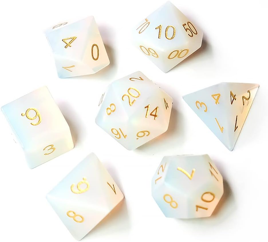 Pure Natural Gemstone Crystal Dice, Made of High-Tech Natural Stone. A Tandard Set of 7PCS Dice is Used for The DND D&D RPG MTG Tabletop Game (Opalite)