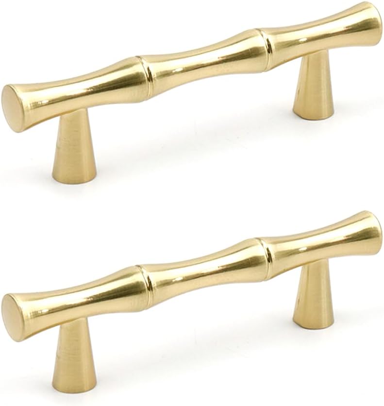 2PCS Bamboo Shape Handle, Zinc Alloy Cabinet Handles, 2.5 Inch Hole Distance, Gold Brass Retro Knob Antique for Cabinet Closet Dresser