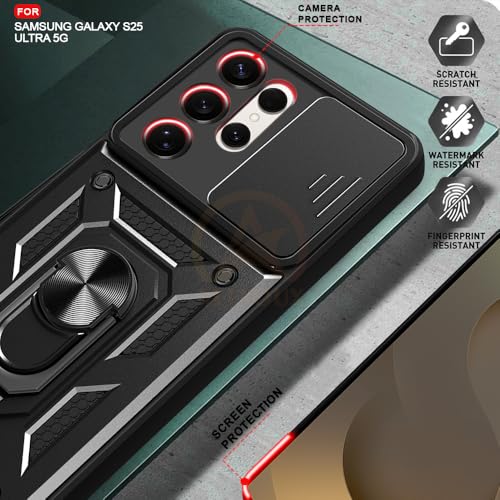 Image of Armor Bumper Back Cover Case for Samsung Galaxy S25 Ultra 5G | Rotating Camera Cover, Ring Holder & Kickstand | Heavy Duty & 360 Degree Protection Back Cover (Black)