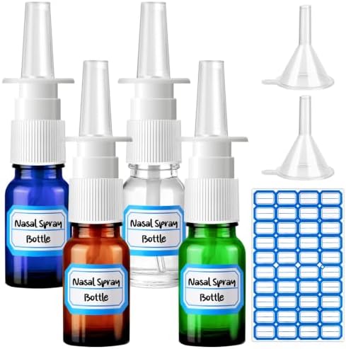 ZHWKMYP 7 Pcs Nasal Spray Bottle, 10ML/0.35OZ 4 Pcs Empty Brown Blue Green Transparent Glass Refillable Fine Mist Nasal Spray Bottle with 2 Funnels and 1 Labels