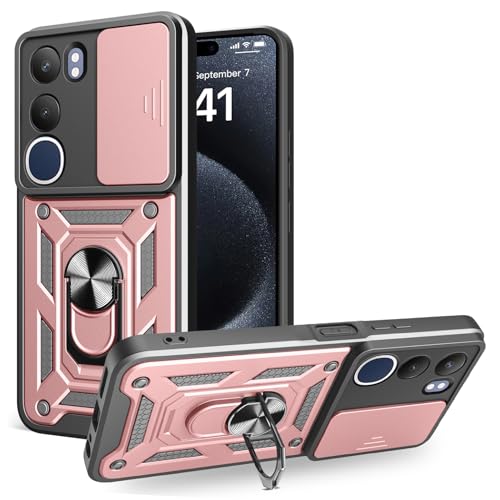 ILING Funda para Vivo Y19s, Ultradelgado Textura Mate Antigolpes Dura PC Carcasa, Suave Silicona TPU Bumper Cubierta con Anillo Soporte y Tapa Cámara Deslizante (Oro Rosa)