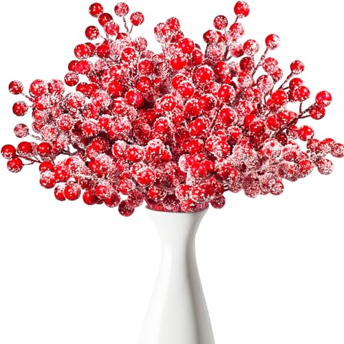 50 Pcs Holly Stems, 8.7' Snow Sprays Artificial Red Berry Stems, Holly Berry Picks for Christmas...