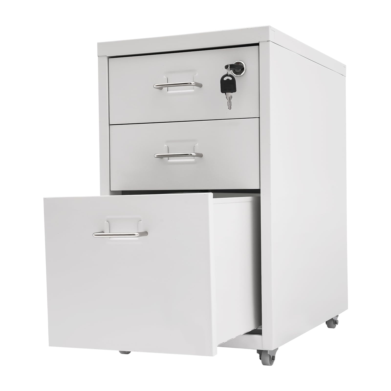 Archivador vertical con cerradura, almacenamiento de metal rodante de 3 cajones para suministros de oficina y archivos estándar, diseño móvil con ruedas, solución de organización segura