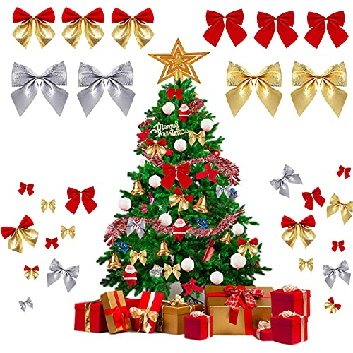 Ancuioyz Noeud de Noël Noeud de noël décoration Cadeau Petit Arc Rouge Petit Noeud de Paillettes de Noël Noeud Rouge de Noël Or réfléchissant, décoration de Noël argenté réfléchissant Cover