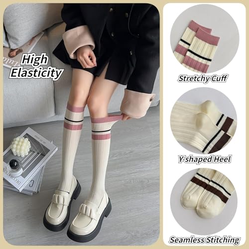 3 Pairs Retro Style Striped Knee High Socks for Women Academic Cotton Stockings for Casual Wear and Sports3