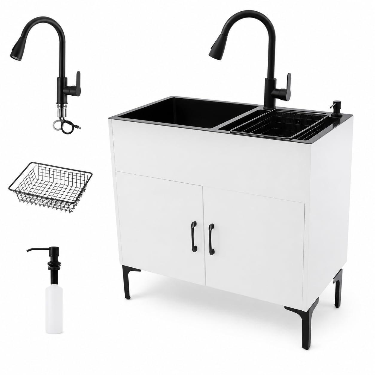 Freistehende Küchenspüle 2 Becken 81cm mit Ausziehbarer Armatur Weiß