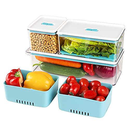 Produce Saver, Beeptrum stapelbare Lebensmittelbehälter mit belüftetem Deckel und herausnehmbarer Ablaufschale, langlebiger Frischhaltebehälter für Obst, Gemüse, BPA-frei, 3 Stück, blau Cover