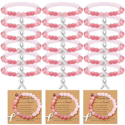 24 Pcs Breast Cancer Awareness Bracelets Team Gift Natural Stone Pink Beaded Bracelet with Inspirational Card for Ribbon Charm Bracelet for Women