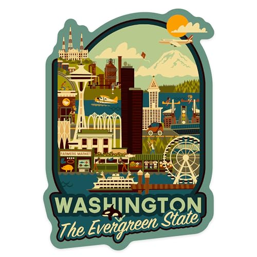 Lantern Press Sticker Washington, The Evergreen State, Geometric, Die Cut Vinyl, (Waterproof Decal for Cars, Water Bottles, Laptops, Coolers), Small