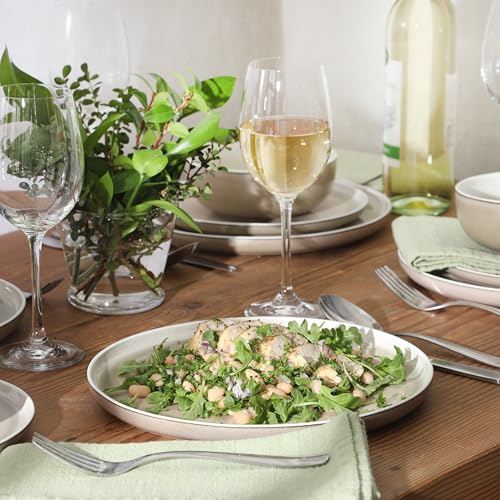 Image of Gibson Elite Island Bay 12-Piece New Bone China Dinnerware Set Service for 4, Reactive Glaze Plates and Bowls, Dishwasher and Microwave Safe, Cream and Green