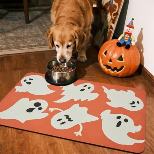 Halloween Bath Mat, Thin Halloween Bathroom Rug Non Slip Quick Dry Bath Mat Fits Under Door Thin Floor Mat Halloween Decor, 24''x36'', Cute Ghosts Orange