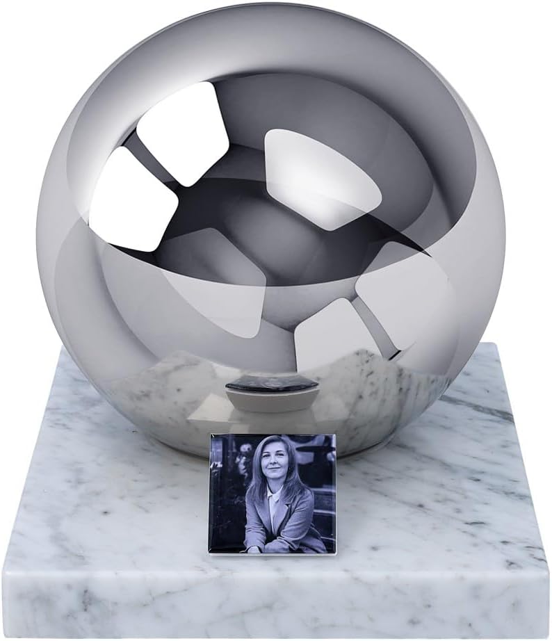 Luxury Adult Cremation Urn for Ashes – Stainless Steel Sphere on Marble Base with Photo and Custom Memorial Plaque (Black & White)