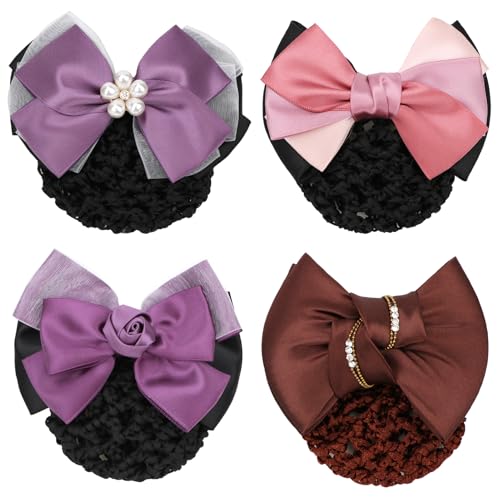 kilofly 4pc Women's Two-Way Snood Net Bow Barrette Hair Clip Bun Cover Set