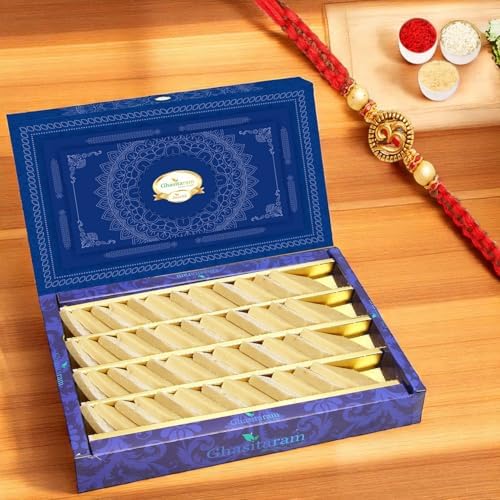 Ghasitaram Gifts Rakhi Gifts for Brother Rakhi Sweets - Ghasitarams Pure Kaju Katlis Box 800 GMS with Om Rakhi
