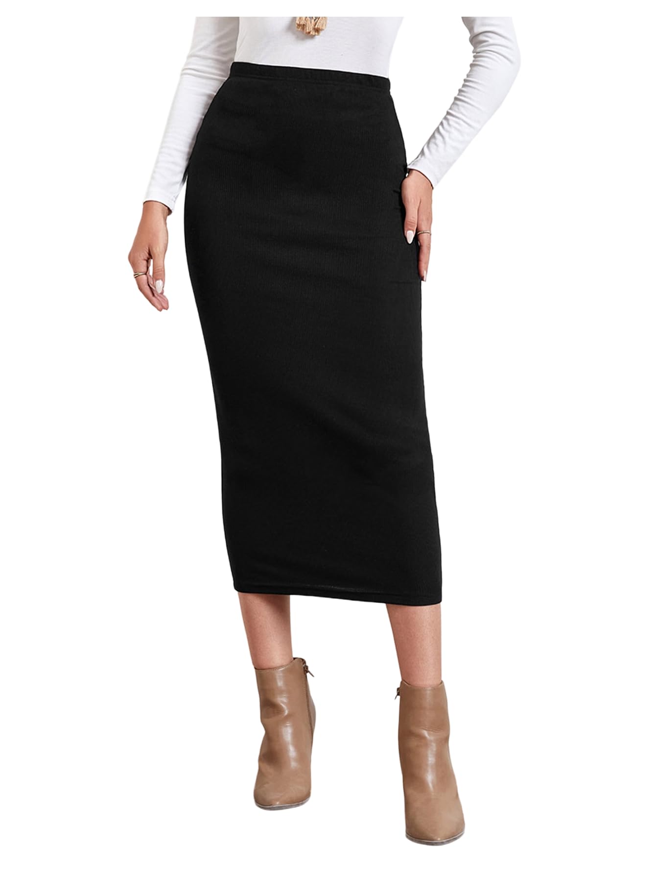 GORGLITTER Womens Ribbed Knit Long Pencil Skirts High Waisted Stretch Bodycon Business Casual Work Skirt