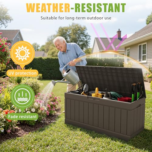 Image of Greesum Outdoor Storage Box 82 Gallon Storage Bin with Lid for Patio Furniture, Garden Tools, Pool Supplies, Waterproof and UV Resistant, Lockable, Dark Brown