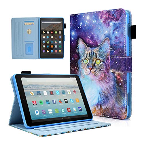KEROM Previous Kindle Fire HD 8 Tablet Case 8th Generation 7th Generation 6th Generation (2018 2017 2016 Release), Fire 8 Tablet Case, PU Leather Stand Cover Flip Wallet Case, Space Cat