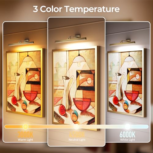 Image of Afyuol Picture Lights for Wall, Brass Battery Operated Picture Light 24in Art Light CCT Dimmable Recharging Battery Wall Light with Remote Control for Living Room Gallery