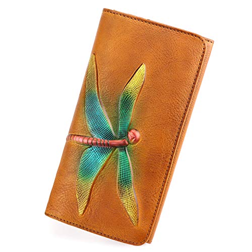 Genuine Leather Wallets for Women RFID Blocking Embossed Vintage Long Cute Purses Handmade Card Holder Organizer with Zipper (Brown2)