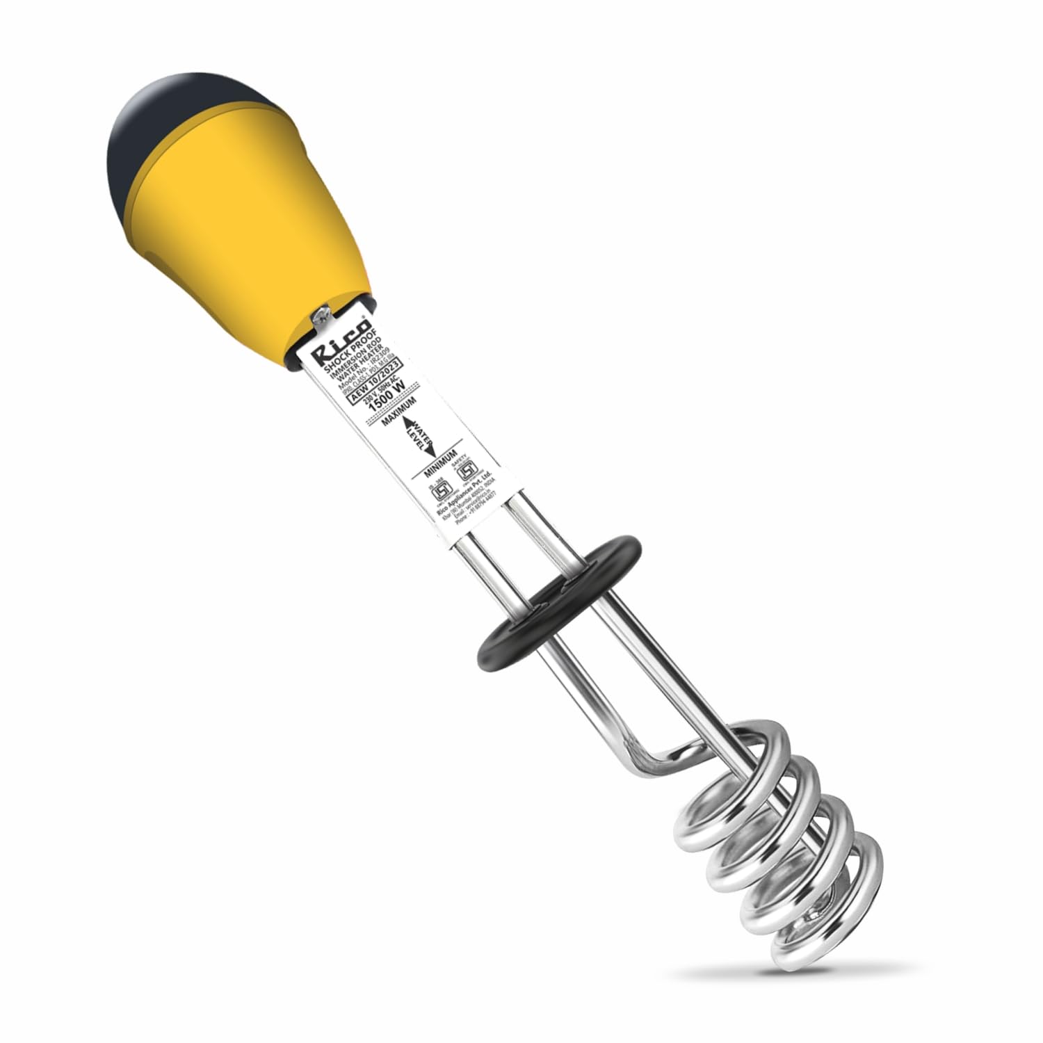 Rico Shockproof Immersion Rod 1501W with Thermal Safety Cutoff |16A Socket Required | Waterproof & Protective | Instant Heating with Bucket Holder | ISI Certified | 2-Year Replacement Warranty