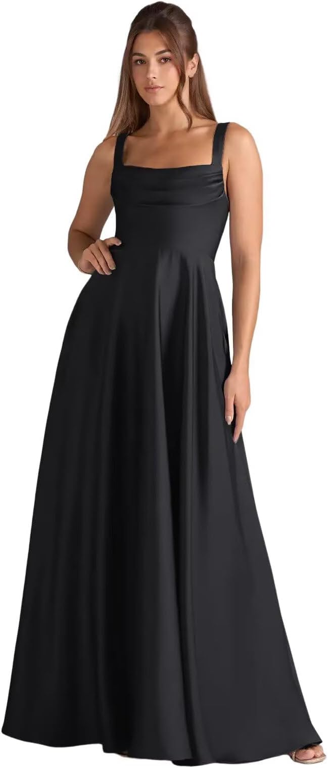 Women's Spaghetti Straps Satin Bridesmaid Dresses Pleated A-Line Prom Dresses Long Formal Evening Gowns with Pockets
