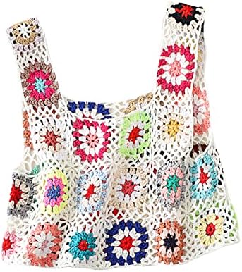 Women's Summer Crochet Tank Top Colorful Floral Embroidery Knit Vest Tops Boho Camisole Beachwear (White , One Size )
