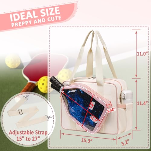TuErCao Beige,Pink Pickleball Bag Tote for Women Gifts for Pickle Ball Paddle Lovers for Men Sling With Hook Accessories for Indoor Outdoor