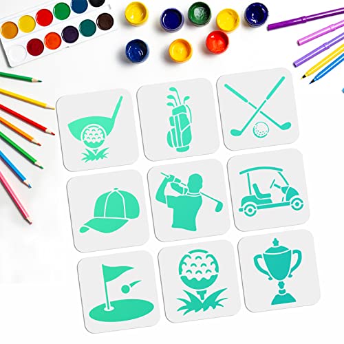 MAYJOYDIY Lot de 9 pochoirs de golf, 15 x 15 cm, réutilisables, modèles de peinture pour murs, tissu, bois, meubles, toile, décoration